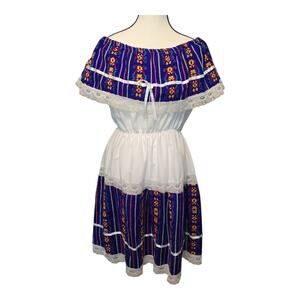 Dirndl Blue White Embroidered Dress Womens XS Oktoberfest Festival Boho Folk